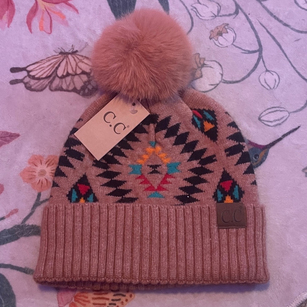 C.C  Geometric Pom Pom Beanie - Tan and Multicolor
